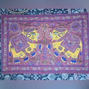 Indian hand-embroidered wall tapestry featuring elephant motifs, sequin detail